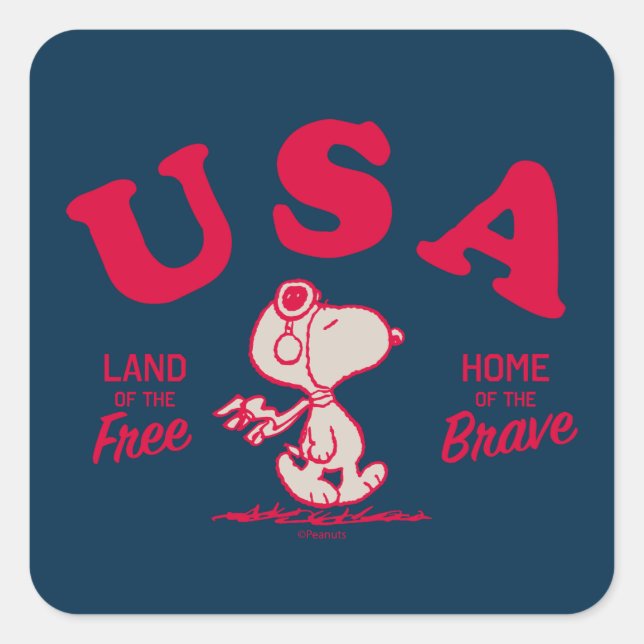 Pegatina Cuadrada Maní | Tierra libre de Snoopy USA (Anverso)