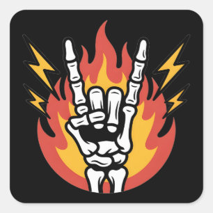 Pegatina Cuadrada Mano de esqueleto de Rock and Roll: Señal de Rock 