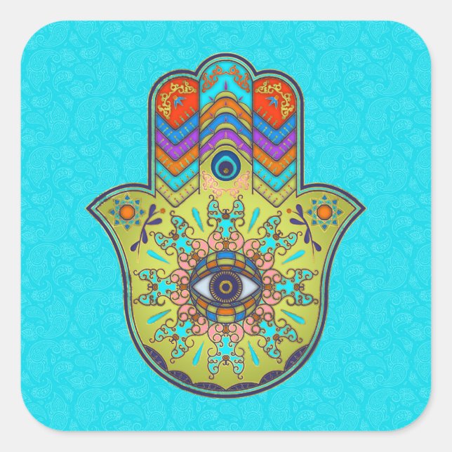 Pegatina Cuadrada Mano de Hamsa colorida con paisley (Anverso)