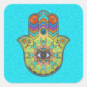 Pegatina Cuadrada Mano de Hamsa colorida con paisley