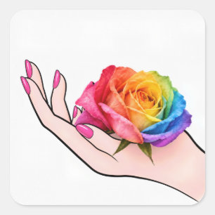 Pegatina Cuadrada Mano de mujer acunando una rosa arcoíris