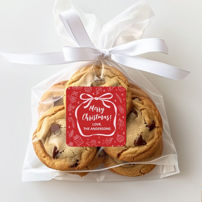 Pegatina Cuadrada Mano divertida y caprichosa atrae a Navidades de v (A cute Christmas bow sticker for decorating your Christmas gifts. personalize it with your name.)