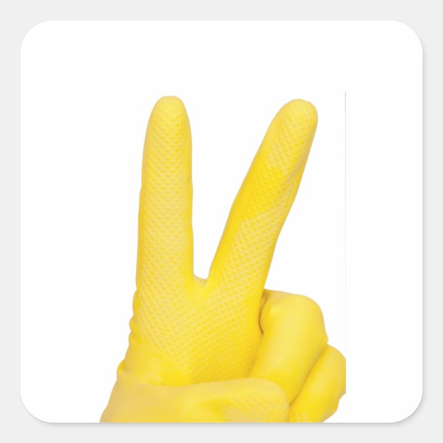 Pegatina Cuadrada Mano en guante de látex amarillo (Anverso)