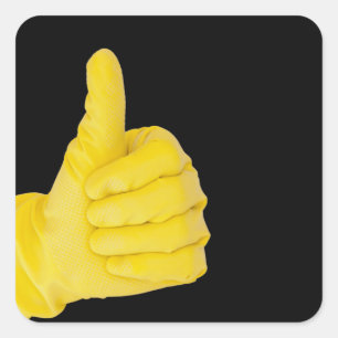 Pegatina Cuadrada Mano en guante de látex amarillo