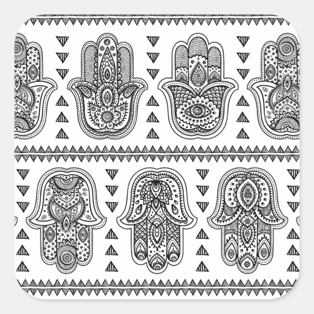 Pegatina Cuadrada Mano india dibujó a Hamsa Doodle (Anverso)