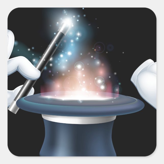 Pegatina Cuadrada Mano mago y truco de sombrero superior (Anverso)