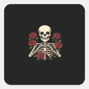Pegatina Cuadrada Manos Skeleton Heart Con Rosas Rojas - Romántico O