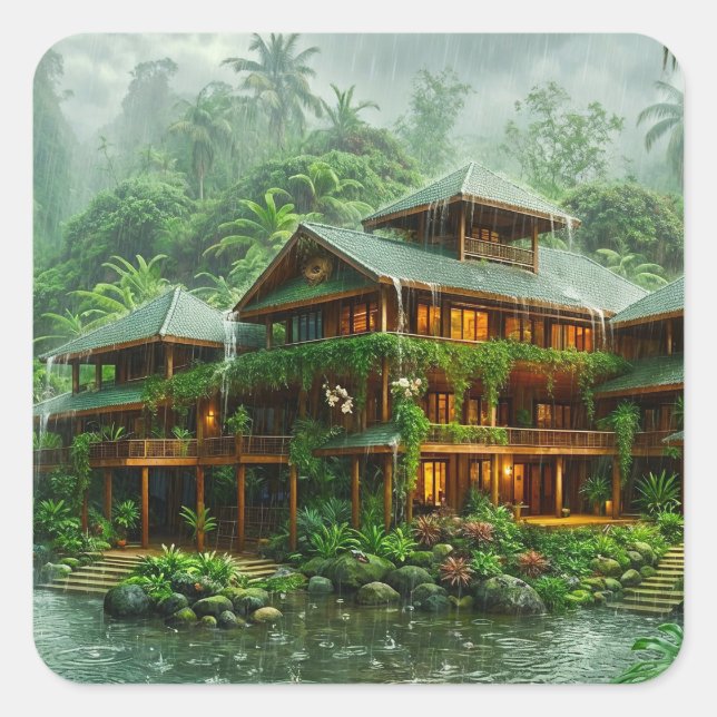 Pegatina Cuadrada Mansión de la Selva Tropical (Anverso)