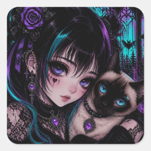 Pegatina Cuadrada Manteniéndose en contacto Chica Anime y Gato
