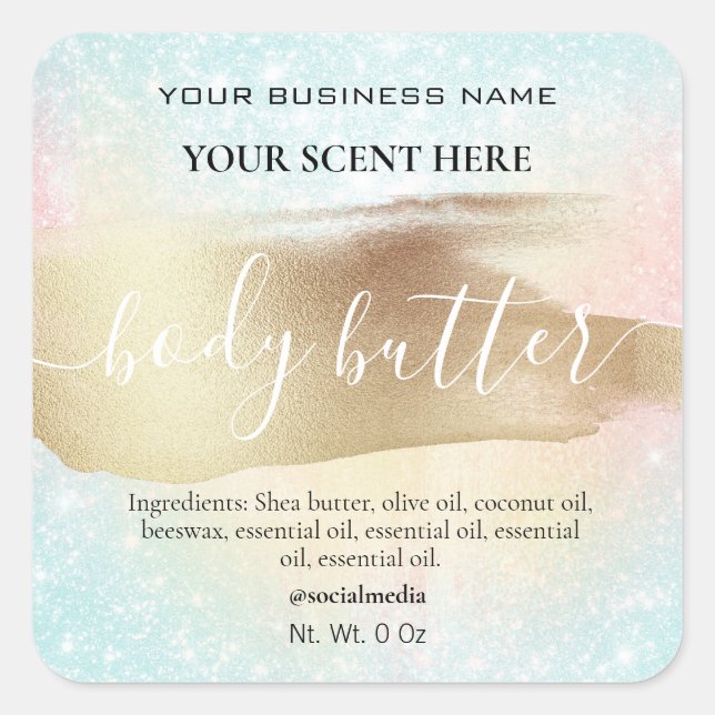 Pegatina Cuadrada Mantequilla Pastel de Purpurina Arcoiris (Anverso)