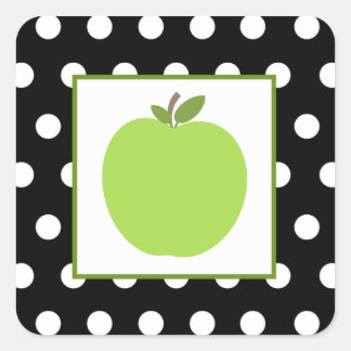 Pegatina Cuadrada Manzana verde / negro con puntos de polka blanco