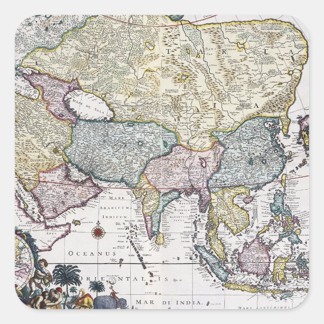 Pegatina Cuadrada Mapa antiguo de Asia | 1696 (Anverso)