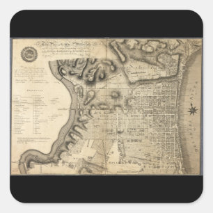Pegatina Cuadrada Mapa antiguo de Filadelfia Pennsylvania de 1796