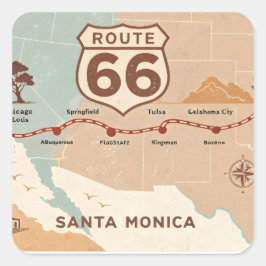 Pegatina Cuadrada Mapa Antiguo de la Ruta 66 con Ciudades Históricas