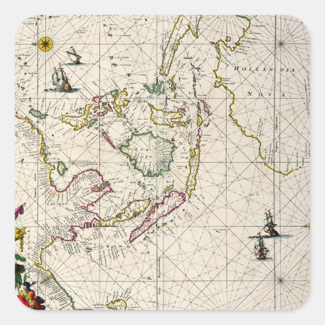 Pegatina Cuadrada Mapa antiguo de las Indias Orientales (Anverso)