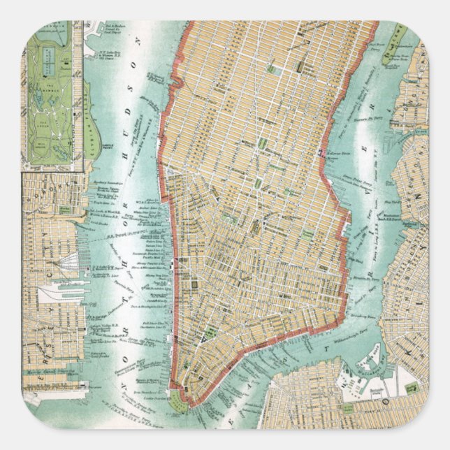 Pegatina Cuadrada Mapa antiguo del bajo Manhattan y Central Park (Anverso)