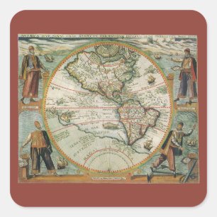 Pegatina Cuadrada Mapa antiguo del mundo de las Américas, Theodor de