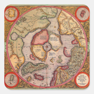Pegatina Cuadrada Mapa Antiguo del Polo Norte por Mercator