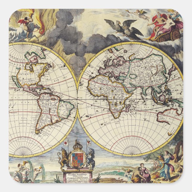 Pegatina Cuadrada Mapa antiguo inspirado (4) (Anverso)
