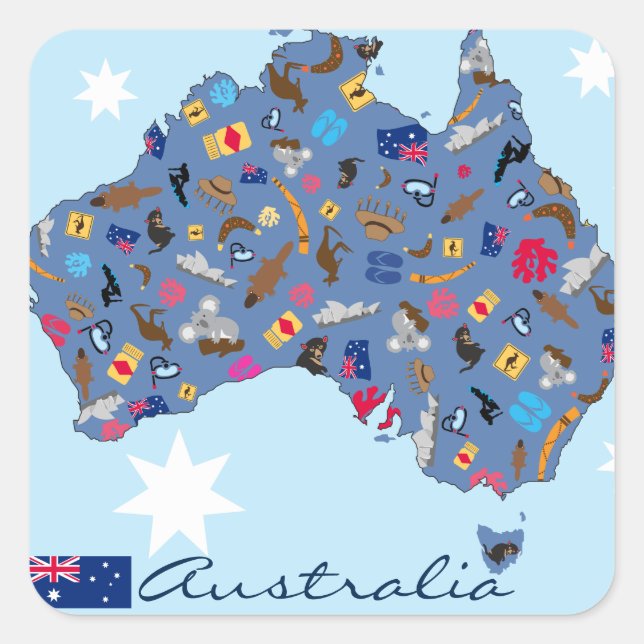 Pegatina Cuadrada Mapa australiano con objetos culturales (Anverso)