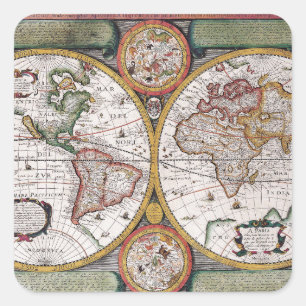 Pegatina Cuadrada Mapa celeste vintage del mundo con diagramas del z