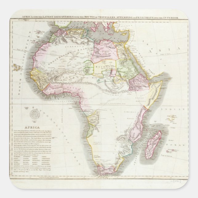 Pegatina Cuadrada Mapa de África, 1821 (Anverso)
