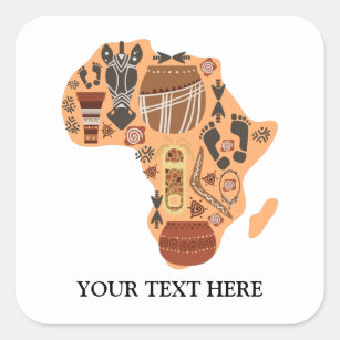 Pegatina Cuadrada Mapa de África con patrimonio cultural africano