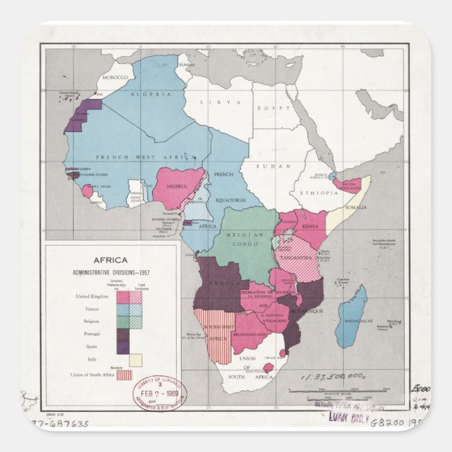 Pegatina Cuadrada Mapa de África, divisiones administrativas (1957) (Anverso)