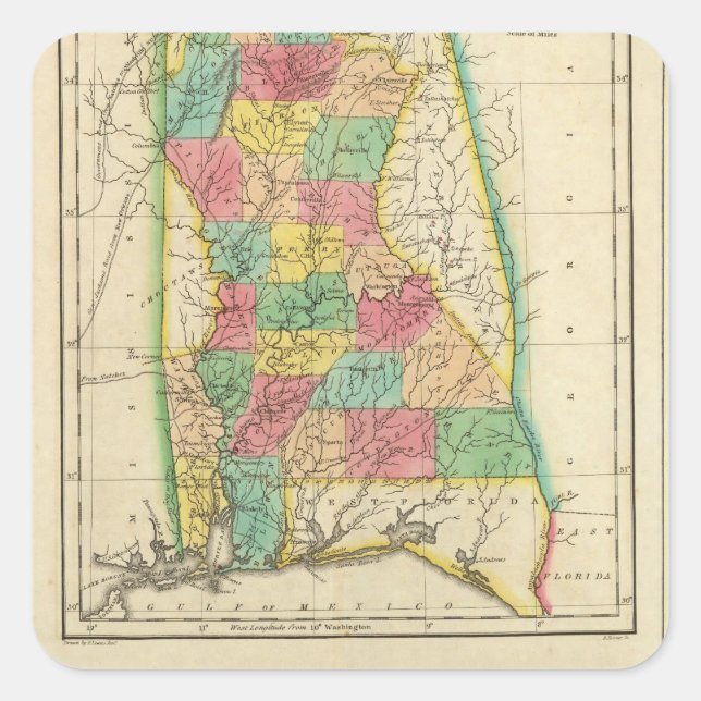 Pegatina Cuadrada Mapa De Alabama (Anverso)