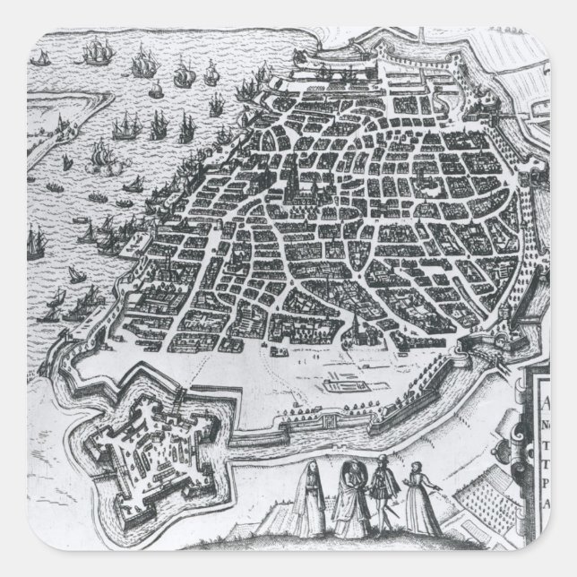 Pegatina Cuadrada Mapa de Amberes, 1598 (Anverso)