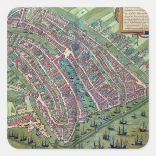 Pegatina Cuadrada Mapa de Amsterdam, de 'Civitates Orbis Terrarum'