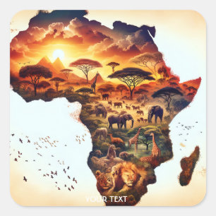 Pegatina Cuadrada Mapa de animales de la "fantasía" en África