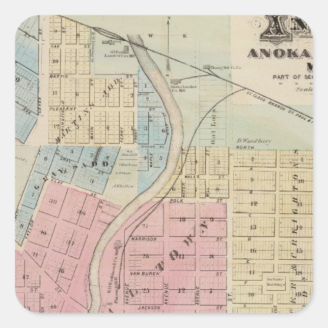 Pegatina Cuadrada Mapa de Anoka, condado de Anoka, Minnesota (Anverso)