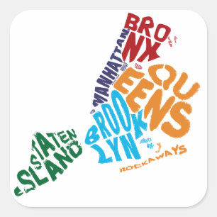 Pegatina Cuadrada Mapa de Arte de Palabra de Nueva York 5 Boroughs