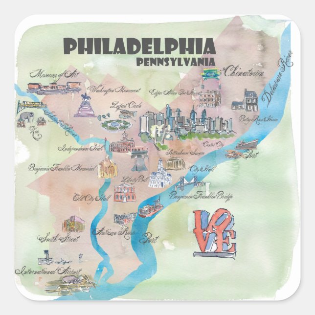 Pegatina Cuadrada Mapa de arte retro de Filadelfia Pennsylvania (Anverso)