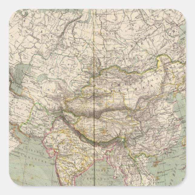 Pegatina Cuadrada Mapa de Asia Atlas mostrando divisiones políticas (Anverso)