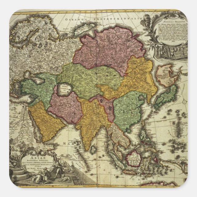 Pegatina Cuadrada Mapa de Asia, Nuremberg, c.1730 (Anverso)