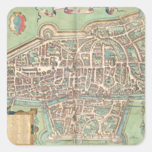 Pegatina Cuadrada Mapa de Augsburg, de "Civitates Orbis Terrarum" b