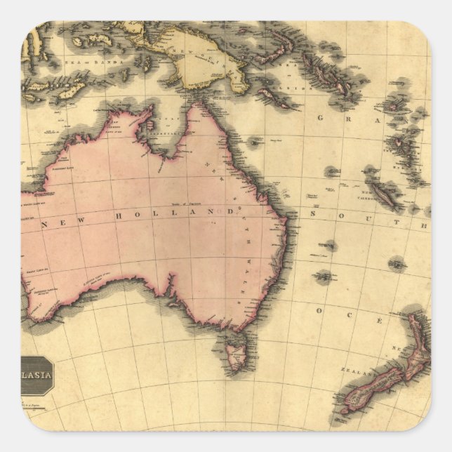 Pegatina Cuadrada Mapa de Australia 1818 - Australia, Nueva Zelanda (Anverso)