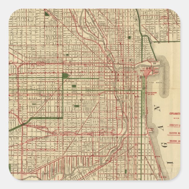 Pegatina Cuadrada Mapa de Blanchard de Chicago (Anverso)