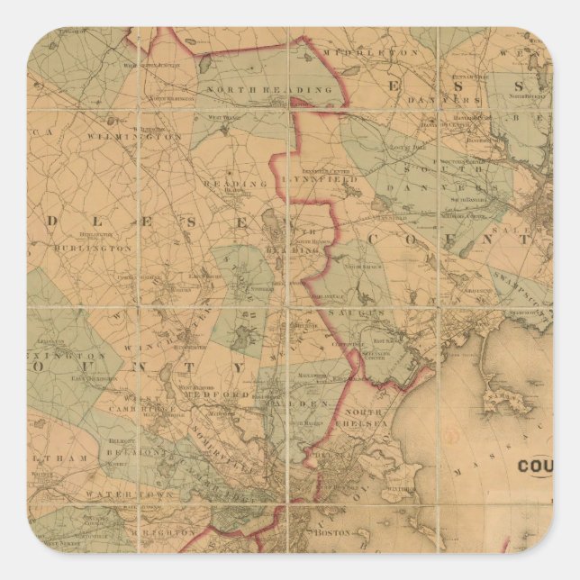 Pegatina Cuadrada Mapa De Boston 2 (Anverso)