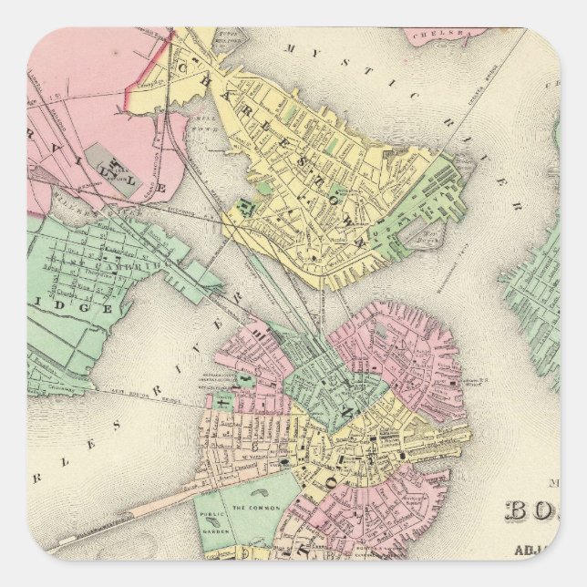 Pegatina Cuadrada Mapa De Boston Y Ciudades Adyacentes (Anverso)