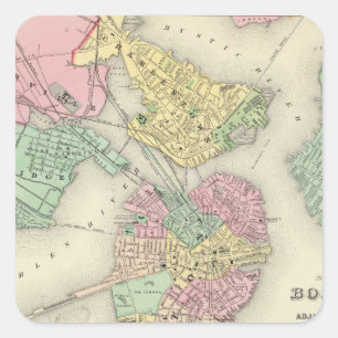 Pegatina Cuadrada Mapa de Boston y de ciudades adyacentes
