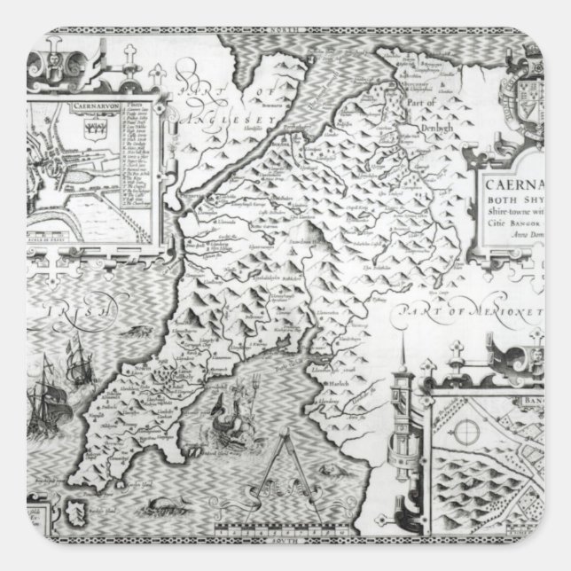 Pegatina Cuadrada Mapa de Caernarvon, 1616 (Anverso)