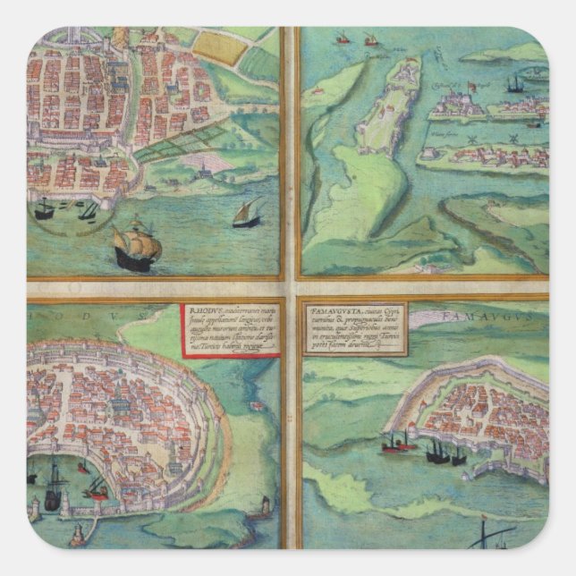 Pegatina Cuadrada Mapa de Calais, Malta, Rodas y Famagusta, de (Anverso)