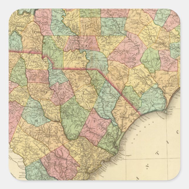Pegatina Cuadrada Mapa de Carolina del Norte (Anverso)