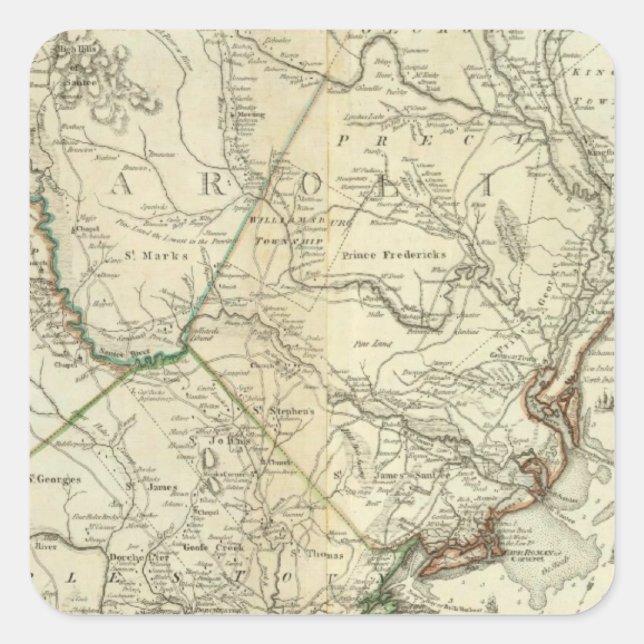 Pegatina Cuadrada Mapa De Carolina Del Norte Y Del Sur (Anverso)