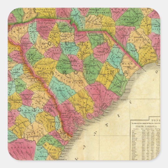 Pegatina Cuadrada Mapa de Carolina del Norte y del Sur, y Georgia (Anverso)