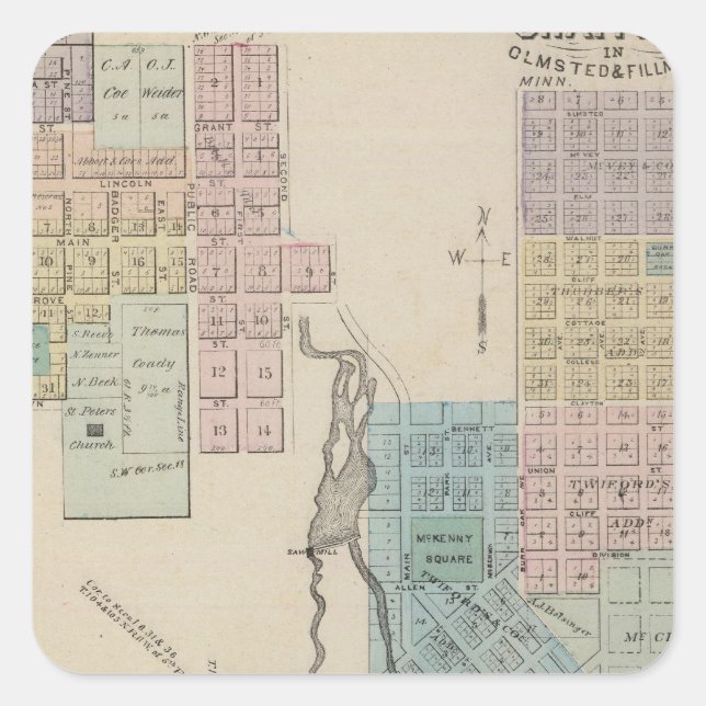 Pegatina Cuadrada Mapa de Chatfield, Mapa de Caledonia, Minín (Anverso)