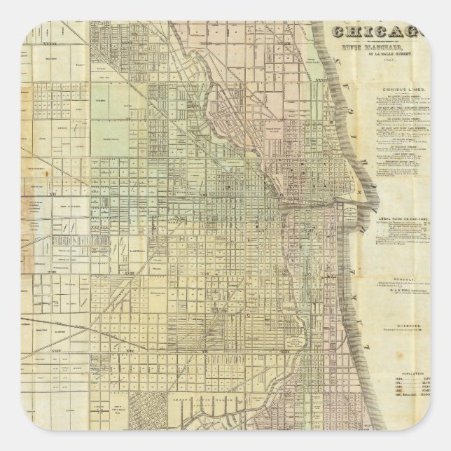 Pegatina Cuadrada Mapa de Chicago Illinois de 1857 (Anverso)